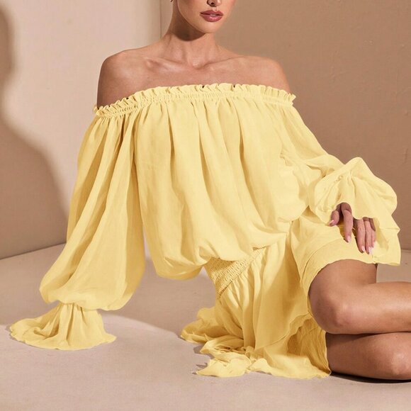 Yellow Boho Women's Elegant French Style Off Shoulder Long Sleeve Shirt Dress - Picture 5 of 9